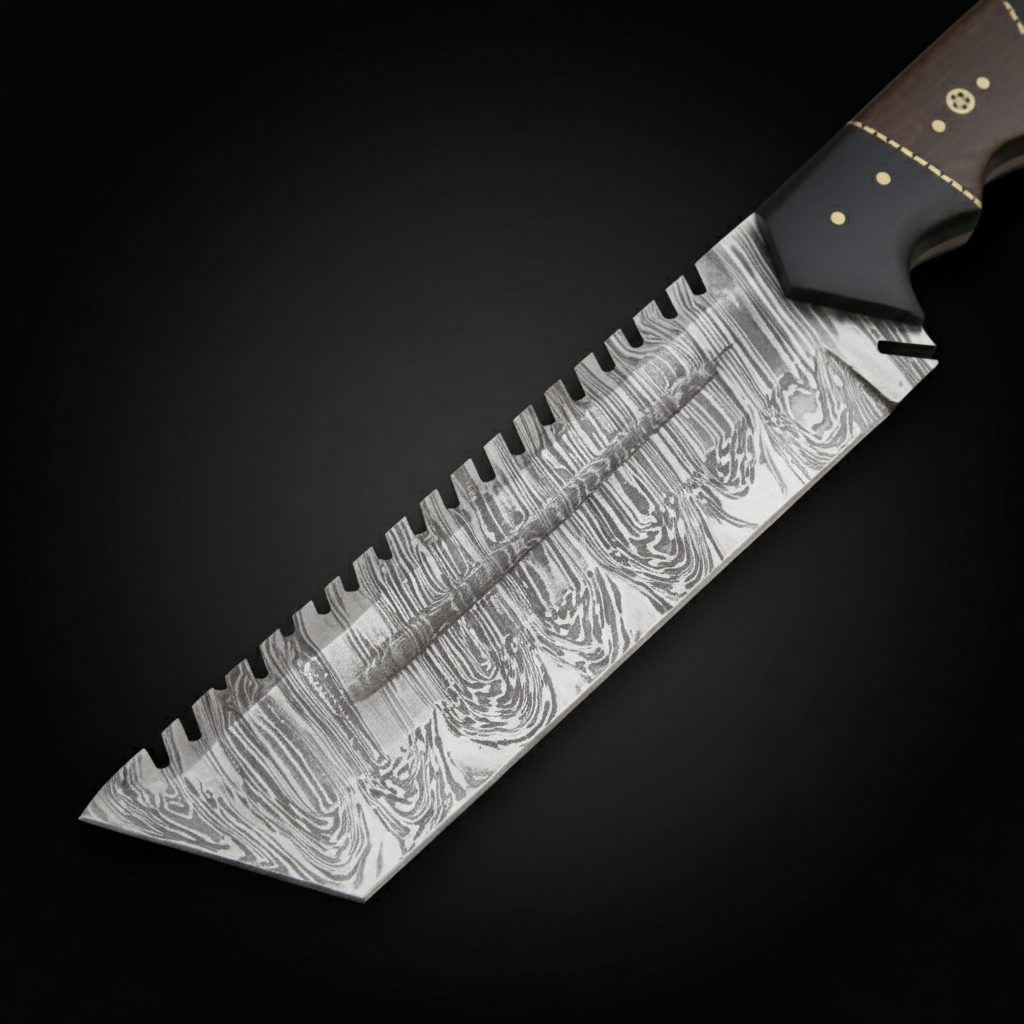 Close view of the patterned sawback Damascus blade with part of the Micarta hardwood handle and brass guard