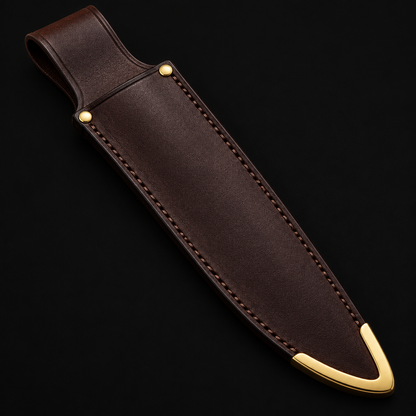 Extreme close-up of dark brown genuine leather Bowie knife sheath with brass tip cap and gold snap buttons full sheath on black background