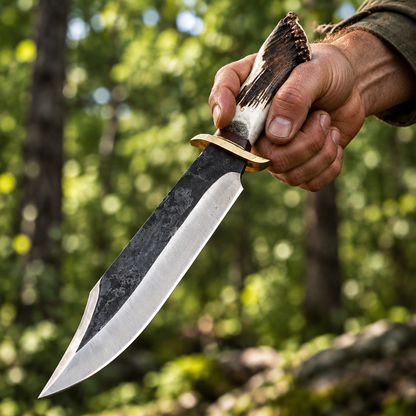 Rugged hand gripping brut de forge carbon steel Bowie knife stag antler handle brass crossguard dynamic outdoor grip pose forest bokeh