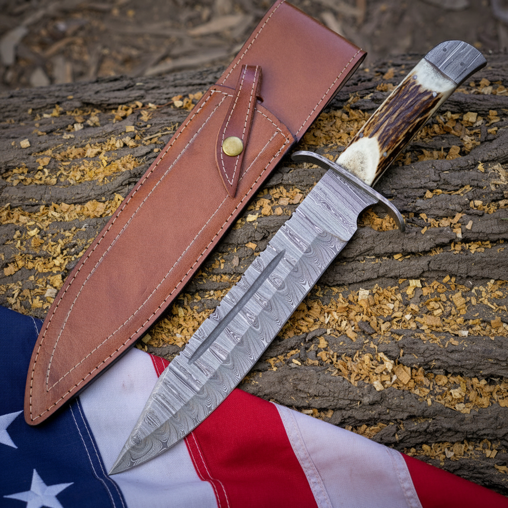 Damascus Bowie knife and light-brown leather sheath on dark wood with a USA flag partly underneath