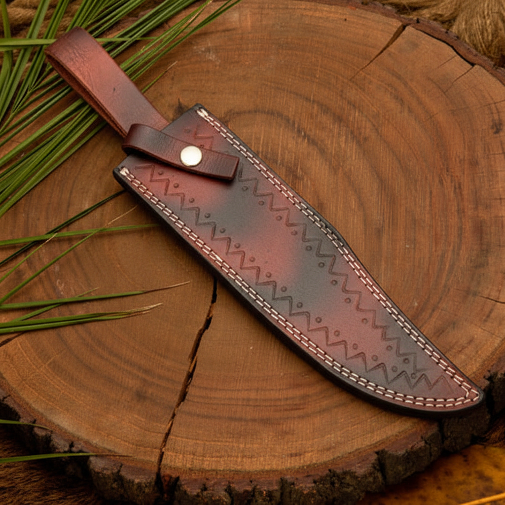 Dark chocolate brown leather sheath with stitching and belt loop for a Damascus tracker knife
