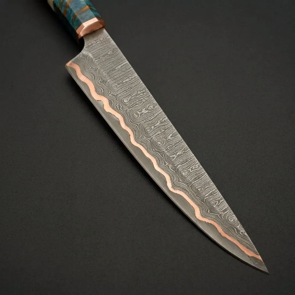 Macro of Damascus chef blade with flowing copper detail