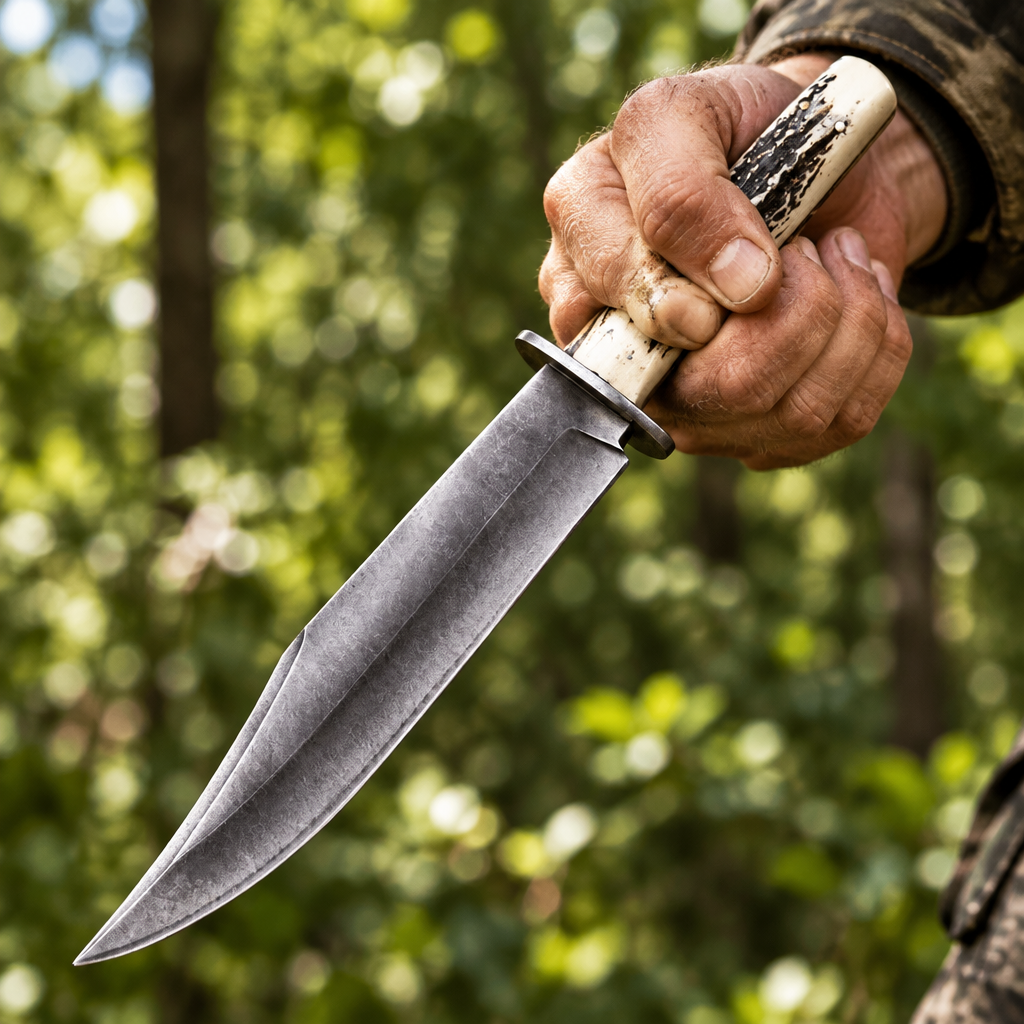 Rugged hand gripping carbon steel hunting survival knife pale stag antler handle dynamic outdoor grip pose forest bokeh