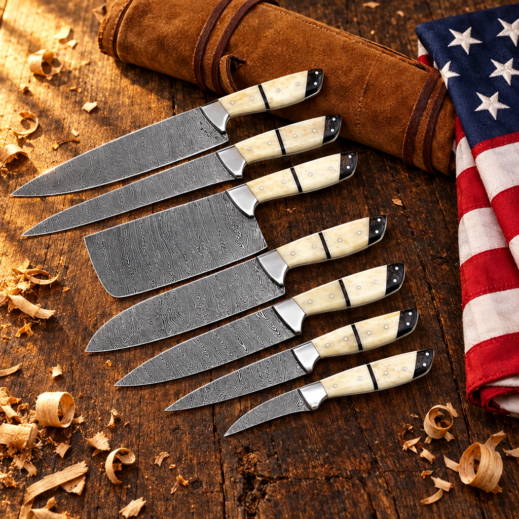 Handmade 7-piece Damascus steel chef knife set cream bone handles hero flat lay on rustic dark wood with American USA flag