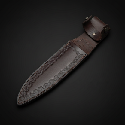 Complete handstitched embossed dark brown leather Bowie hunting knife sheath with snap button strap