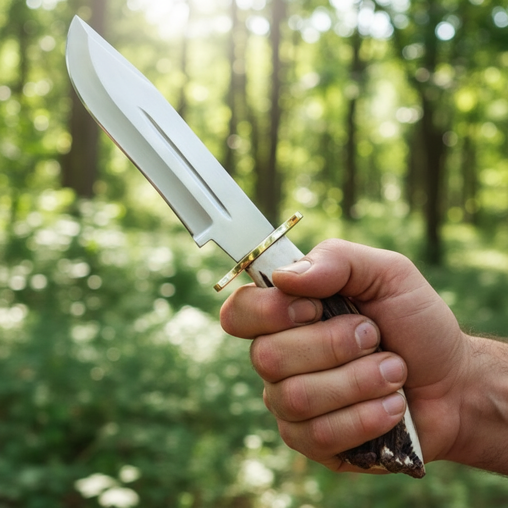 Rugged hand gripping carbon steel hunting Bowie knife stag antler handle brass crossguard dynamic outdoor grip pose forest bokeh