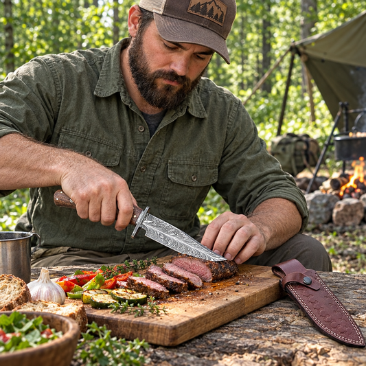 Outdoor camping food preparation with wood handle Damascus knife