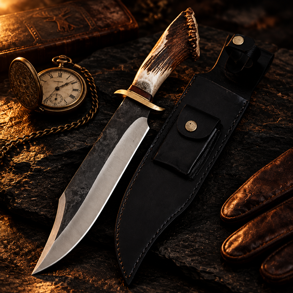 Brut de forge carbon steel Bowie knife stag antler handle dark luxury cinematic editorial shot with pocket watch and leather gloves