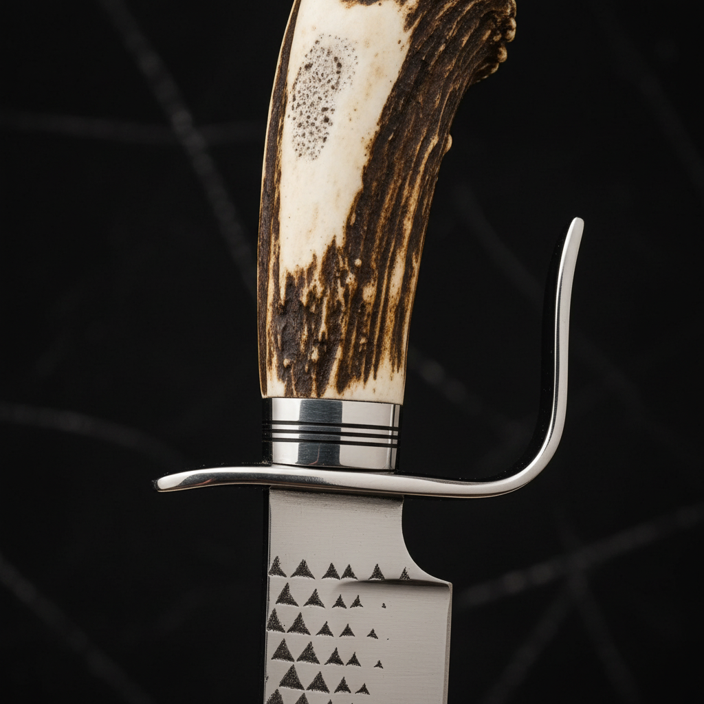 Extreme close-up of natural stag antler handle with steel D-guard and silver collar rings on black charcoal background