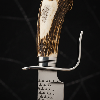 Extreme close-up of natural stag antler handle with steel D-guard and silver collar rings on black charcoal background