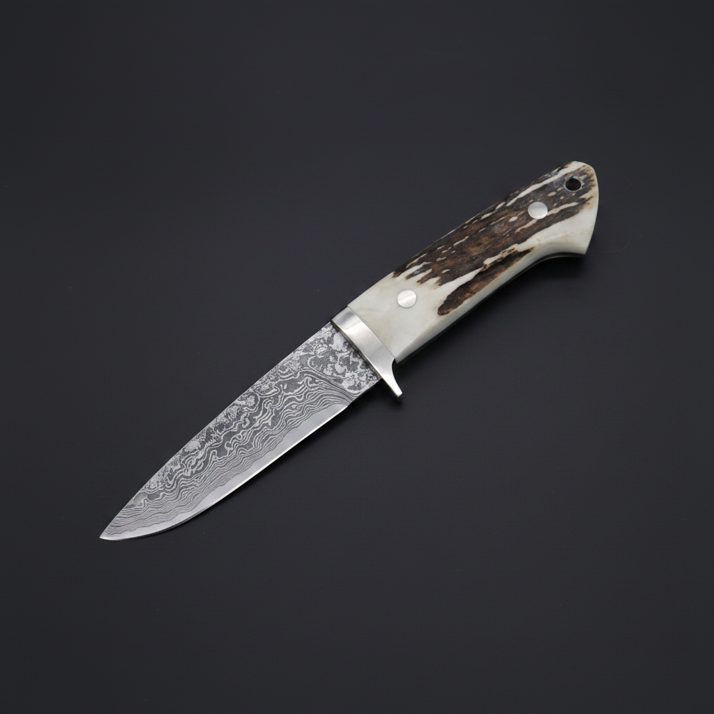 Damascus hunting knife with natural stag antler handle on deep black charcoal background studio shot
