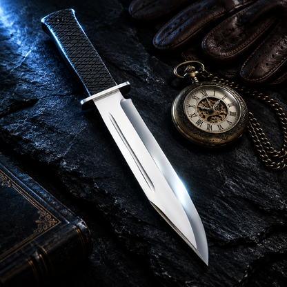 Carbon steel Bowie knife black Micarta handle dark luxury cinematic editorial shot with pocket watch and leather gloves
