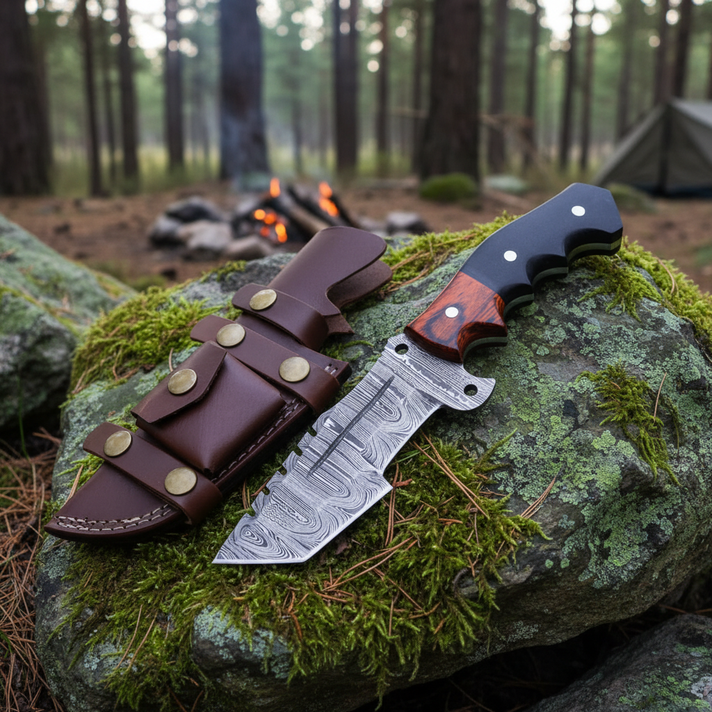 Damascus tracker hunting knife and leather sheath on mossy rocks at a forest campsite
