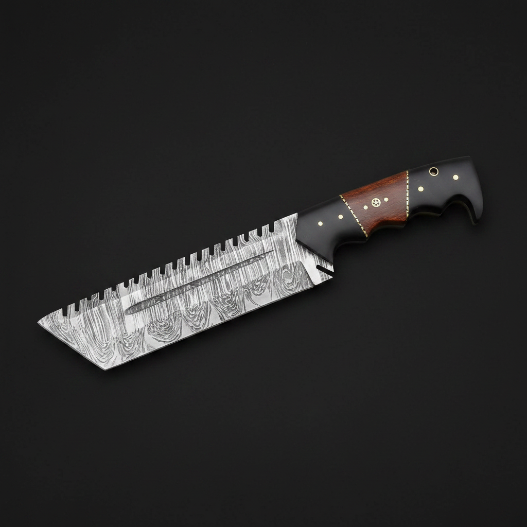 Damascus sawback tanto hunting fixed blade knife with two tone Micarta and hardwood handle on charcoal