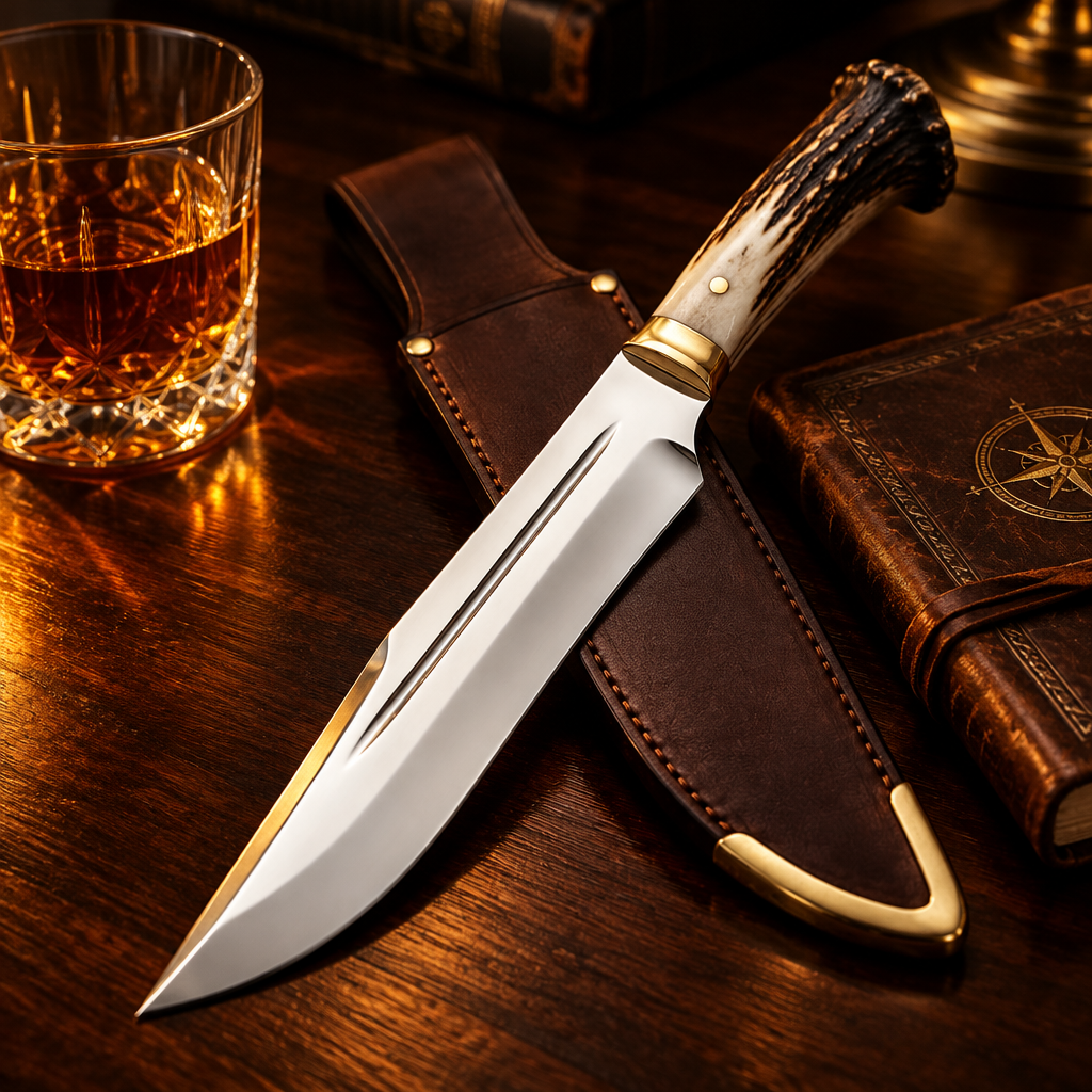 Handmade D2 steel Bowie hunting knife luxury cinematic editorial with whiskey glass and leather journal on dark mahogany