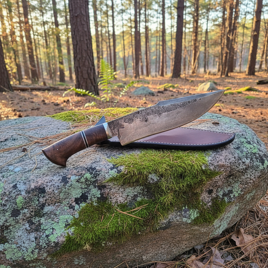 Handmade carbon steel Bowie knife with rustic patina blade displayed on mossy granite rock in American pine forest