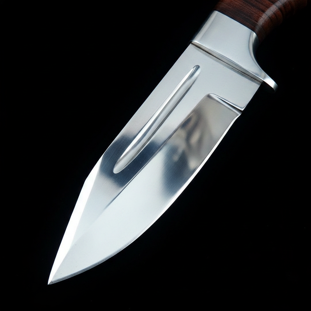 Close up macro shot of polished D2 steel blade mirror finish showing sharp edge and blade geometry