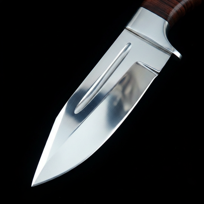 Close up macro shot of polished D2 steel blade mirror finish showing sharp edge and blade geometry