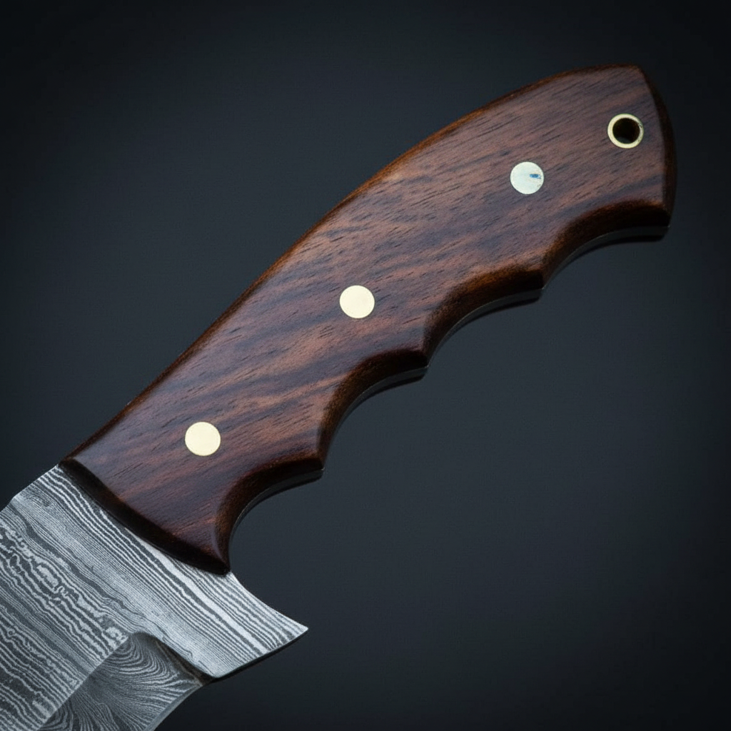 Close-up of natural walnut wood scales, brass pins, and lanyard hole on a Damascus tracker knife