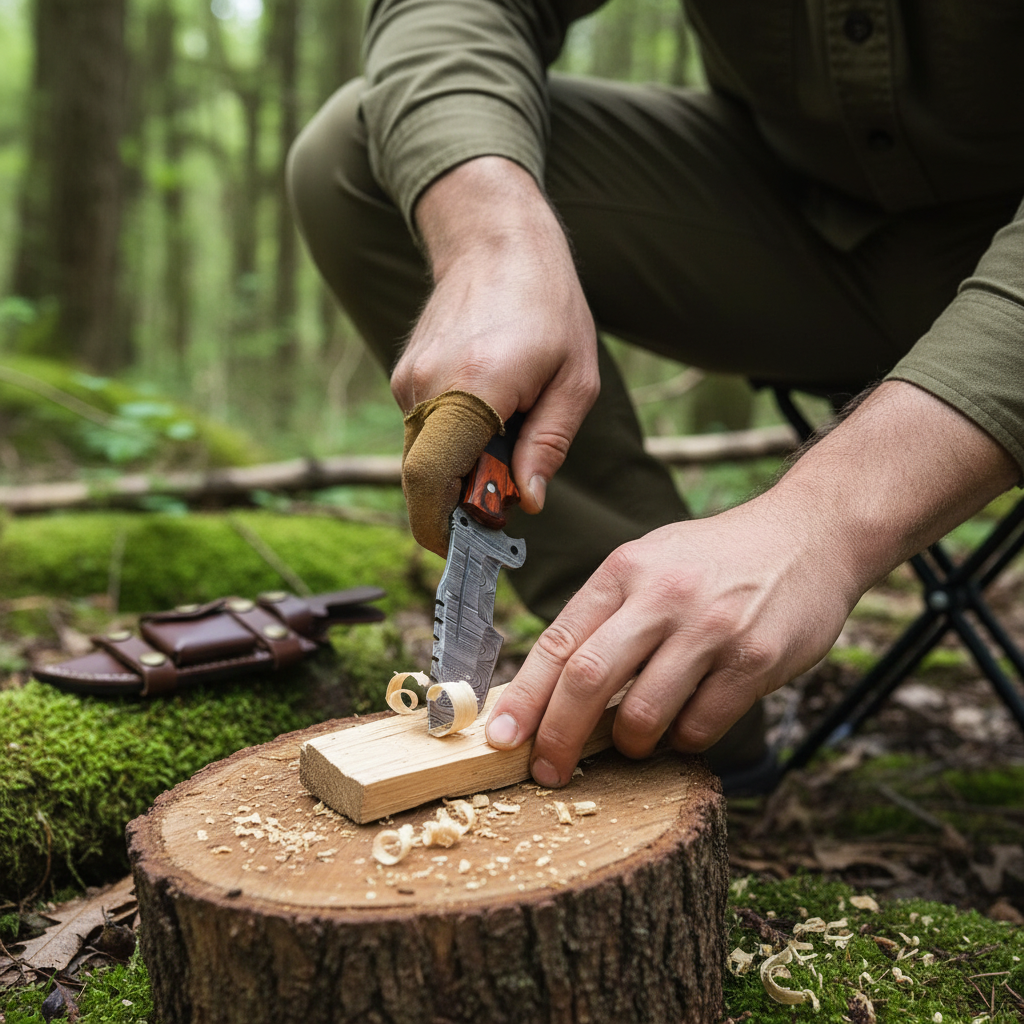 Hands using the Damascus tracker hunting knife during an outdoor woodcraft activity