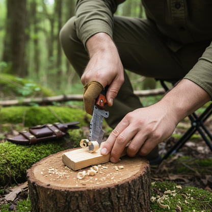 Hands using the Damascus tracker hunting knife during an outdoor woodcraft activity