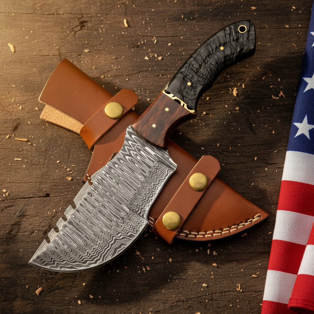 Damascus ram horn walnut tracker knife on dark brown rustic wood surface with USA flag on right side