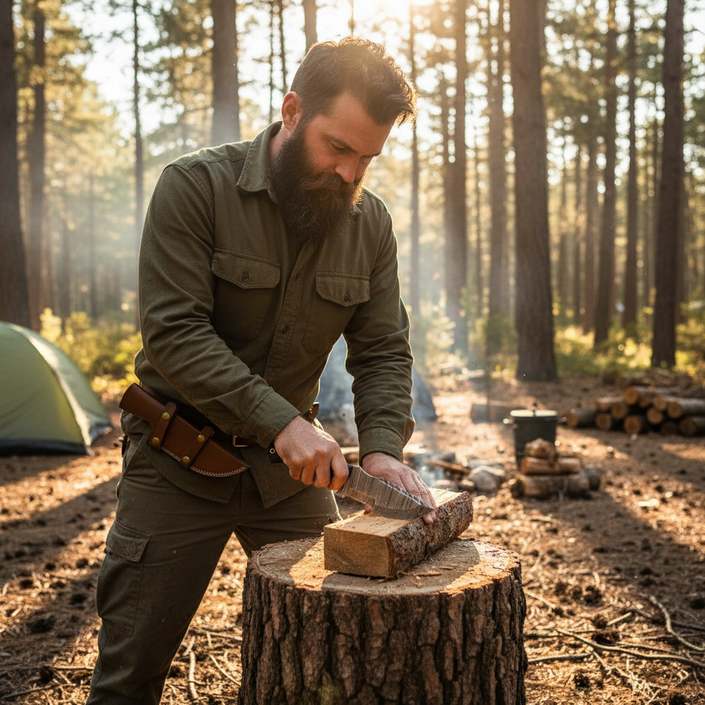 Rugged outdoorsman looking down focused on Damascus black micarta tracker knife doing bushcraft work at forest campsite