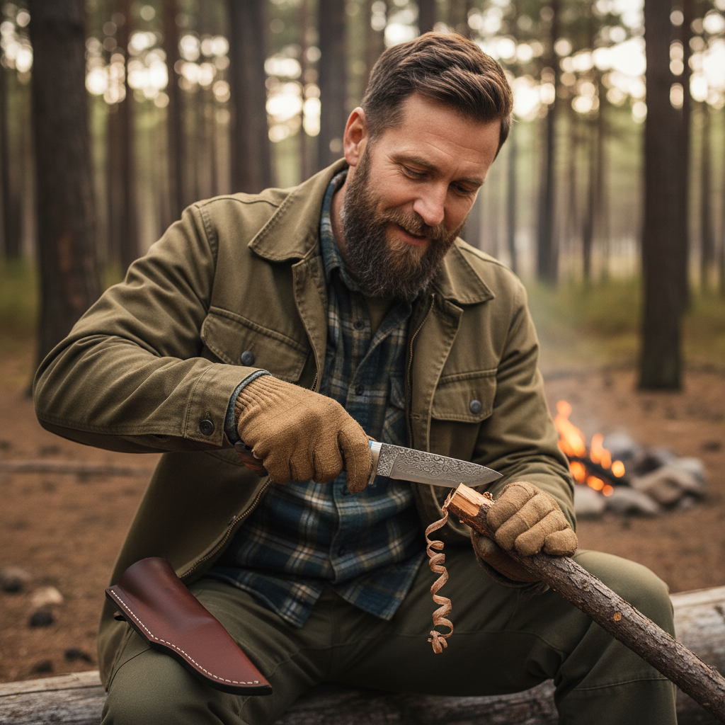 Bearded man using a Damascus drop-point hunting knife during a calm forest campsite task