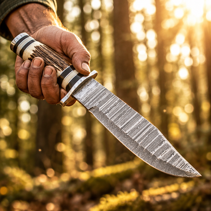 Rugged hand gripping Damascus Bowie knife stag handle blade forward forest bokeh background action shot