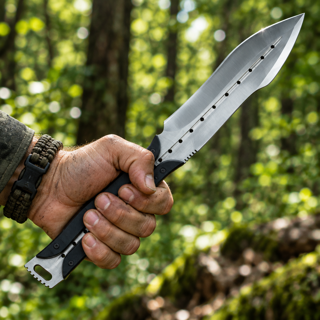 Rugged hand gripping American bushcraft tactical knife skeletonized G10 handle tactical pommel dynamic outdoor grip pose forest bokeh
