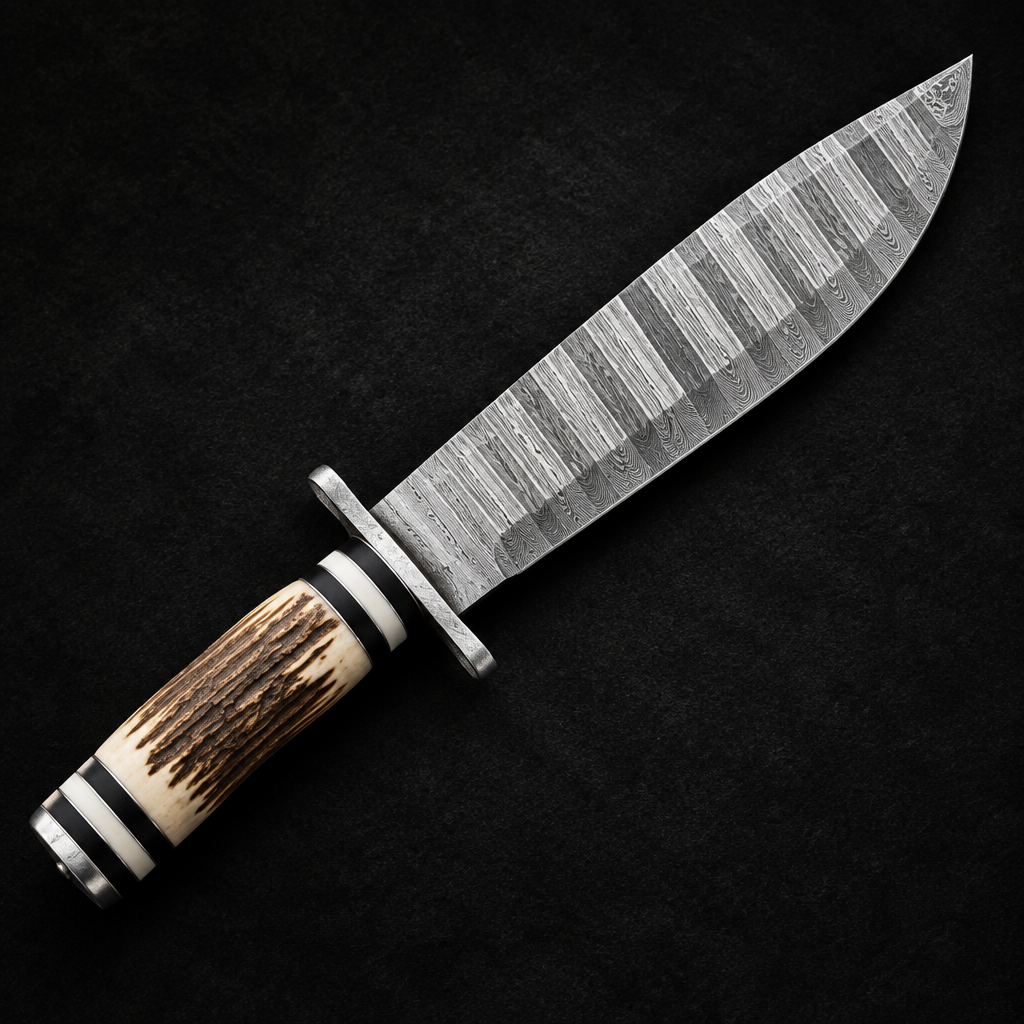 Handmade Damascus Bowie knife ladder wave blade stag handle black white spacer rings studio shot deep black charcoal background