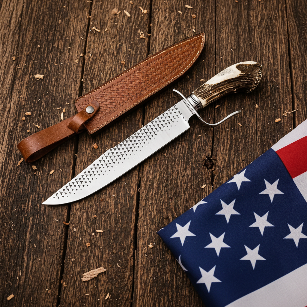 Clip point farrier rasp Bowie knife with stag antler D-guard handle hero shot on dark rustic wood with American USA flag