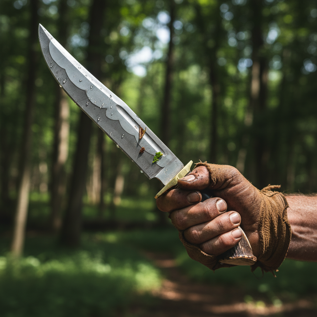 Rugged hand gripping hand forged Bowie knife elk antler handle dynamic outdoor grip pose forest bokeh background