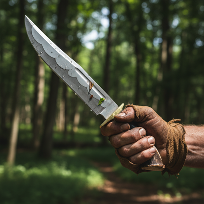 Rugged hand gripping hand forged Bowie knife elk antler handle dynamic outdoor grip pose forest bokeh background