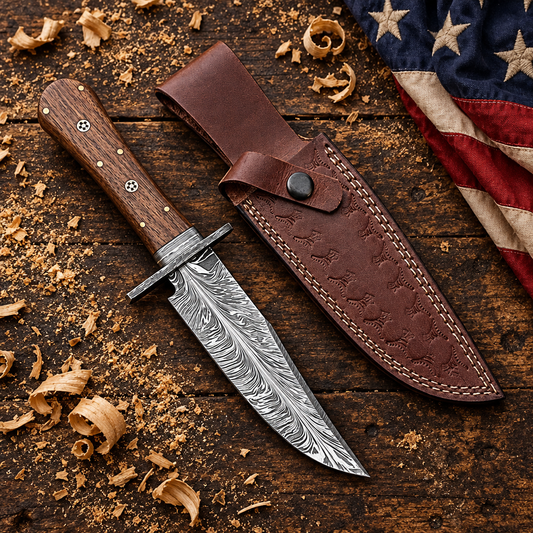 Damascus hunting knife and sheath on rustic dark wood with sawdust and USA flag