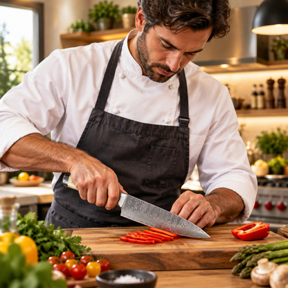 Professional chef looking down using handmade Damascus steel chef knife cream bone handle chopping vegetables on wooden board kitchen