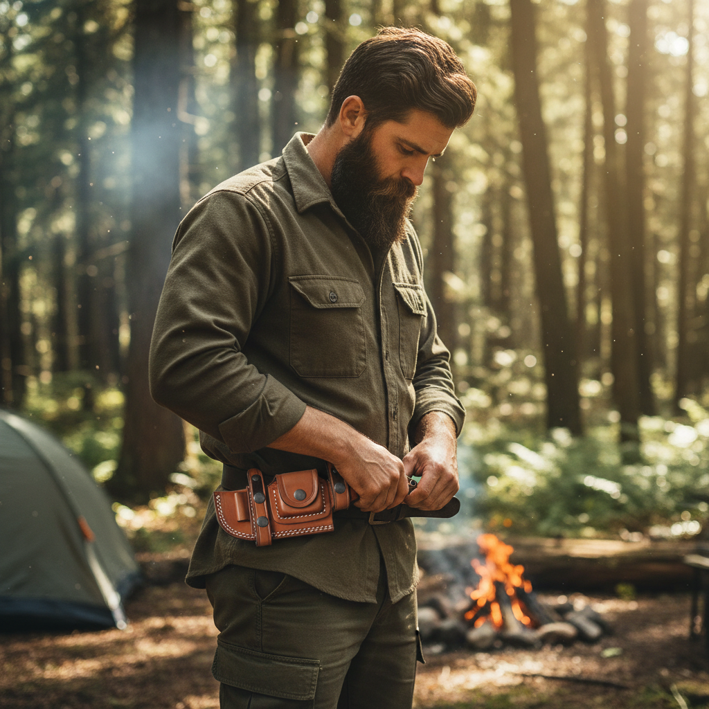 Outdoorsman attaching premium brown leather horizontal scout carry knife sheath onto belt at bright forest campsite