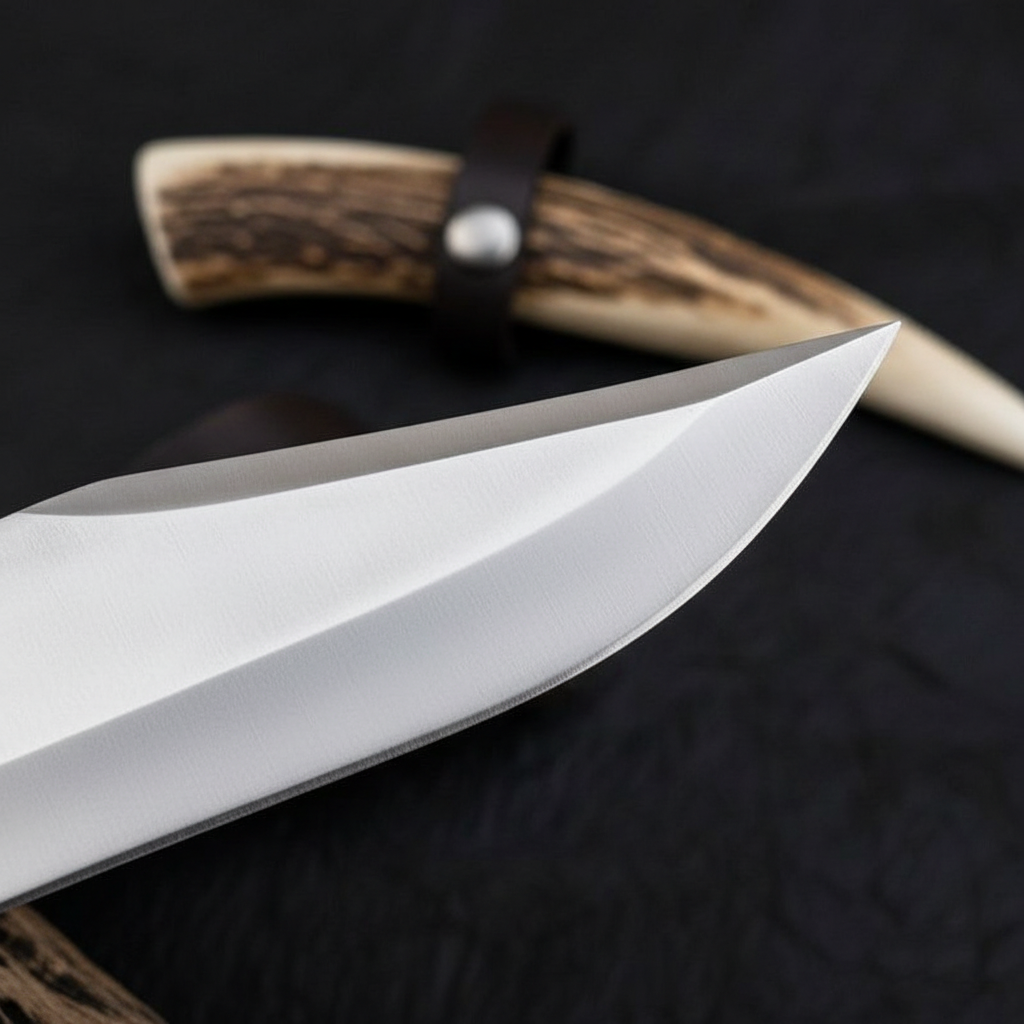 Extreme close-up of satin polished D2 steel Bowie blade clip point on deep black charcoal background