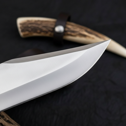 Extreme close-up of satin polished D2 steel Bowie blade clip point on deep black charcoal background
