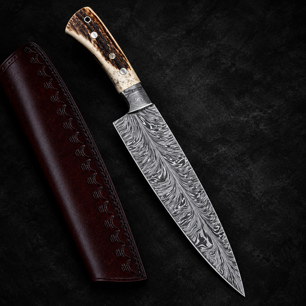 Custom handmade feather pattern Damascus chef knife antler handle Damascus guard studio shot deep black charcoal background
