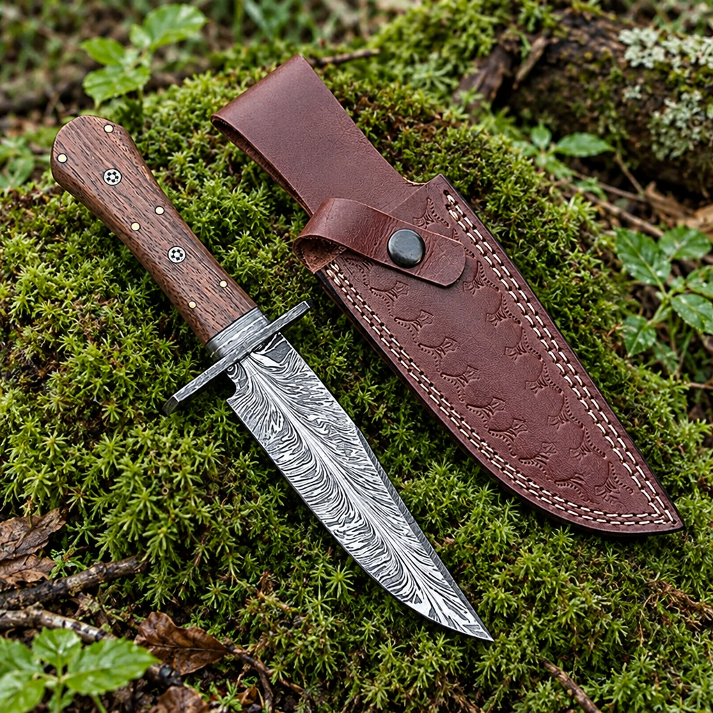 Eleven inch Damascus hunting knife and matching sheath in mossy outdoor setting
