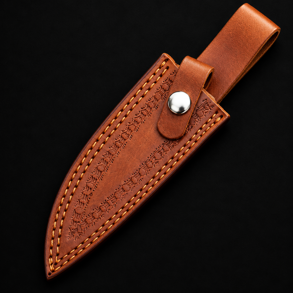 Extreme close-up of tan cognac embossed genuine leather skinner knife sheath with snap button full sheath visible on black background