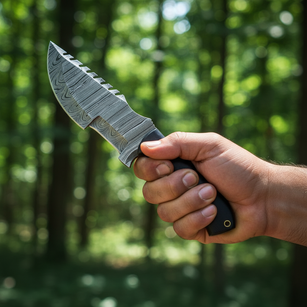 Hand gripping Damascus black micarta tracker knife in powerful tactical outdoor action pose no face visible