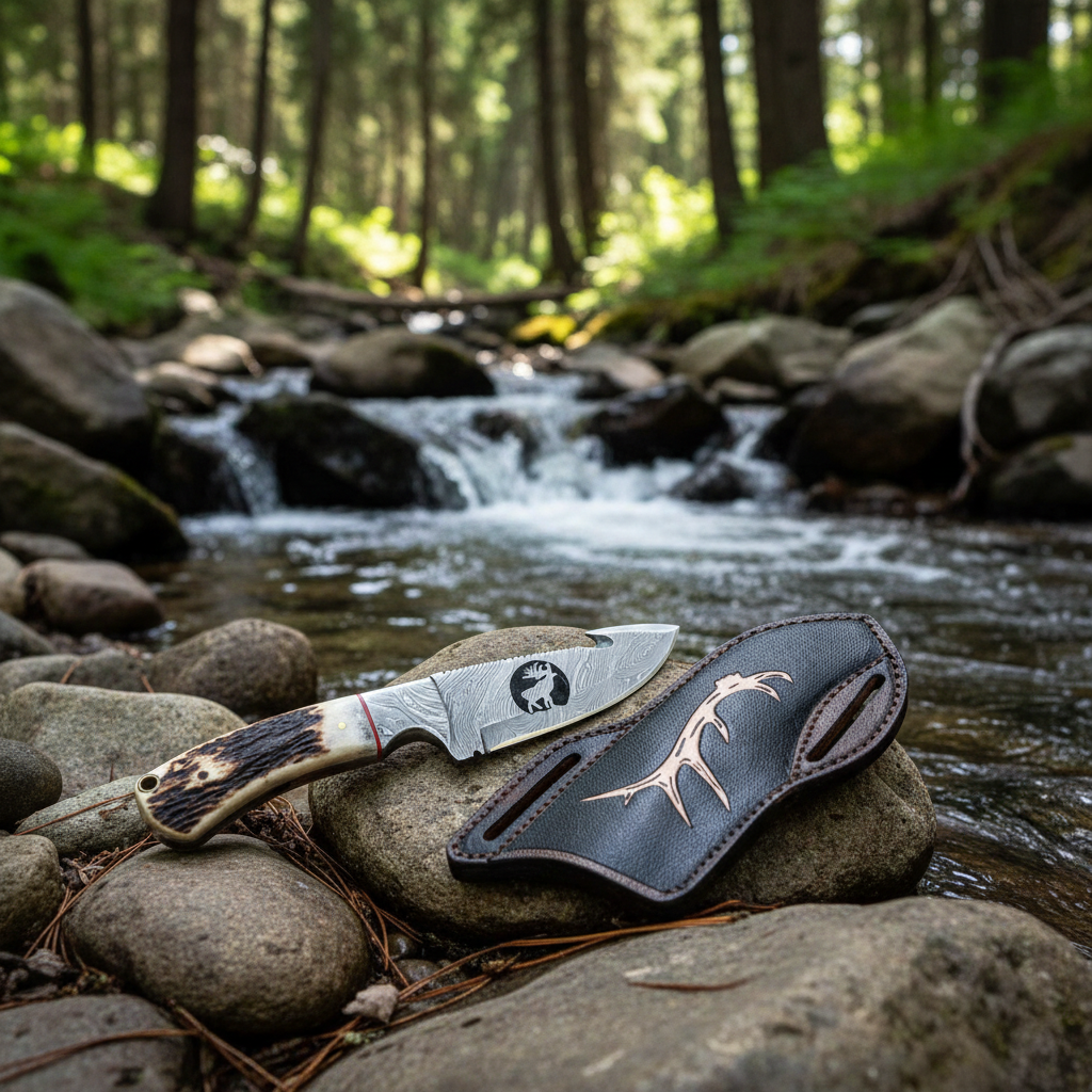Handmade Damascus steel hunting knife with stag horn handle resting on river rocks near forest stream