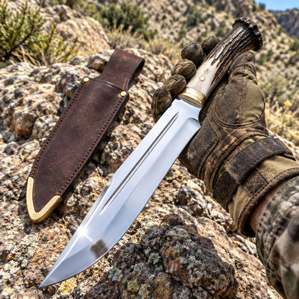 Rugged tactical gloved hand gripping handmade D2 steel Bowie hunting knife blood groove blade outdoor rocky terrain dark leather sheath