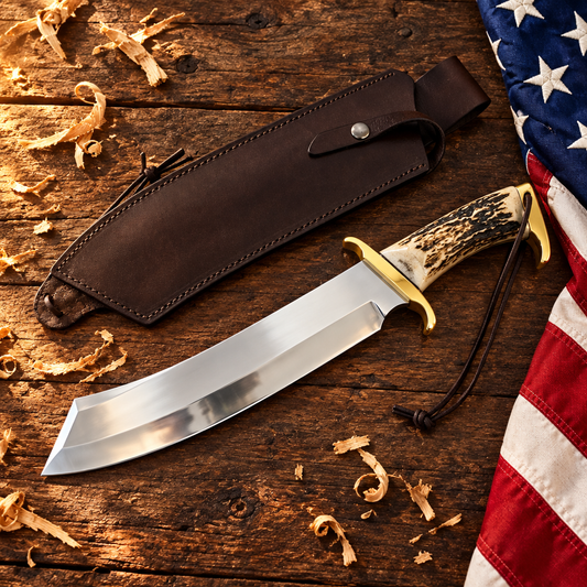 Custom handmade hunting Bowie knife stag horn handle brass crossguard hero flat lay on rustic dark wood with American USA flag