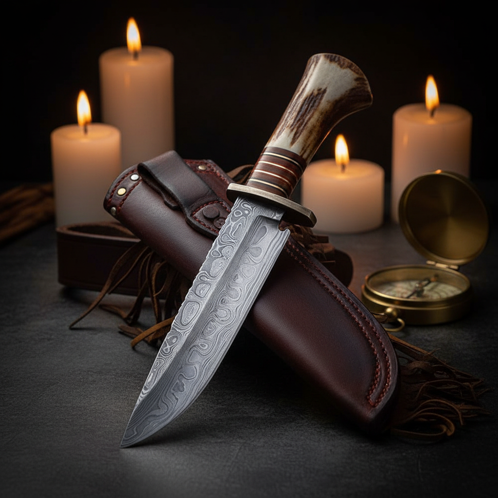 Damascus Bowie hunting knife and dark brown leather sheath in a dark premium editorial setting