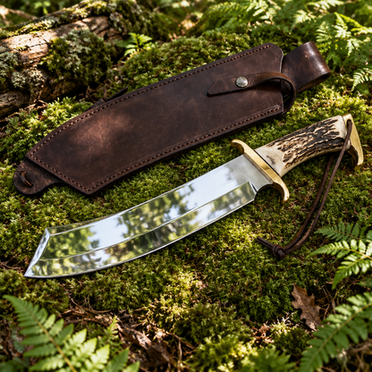 Custom handmade hunting Bowie knife stag horn handle and dark brown leather sheath on thick green forest moss natural outdoor