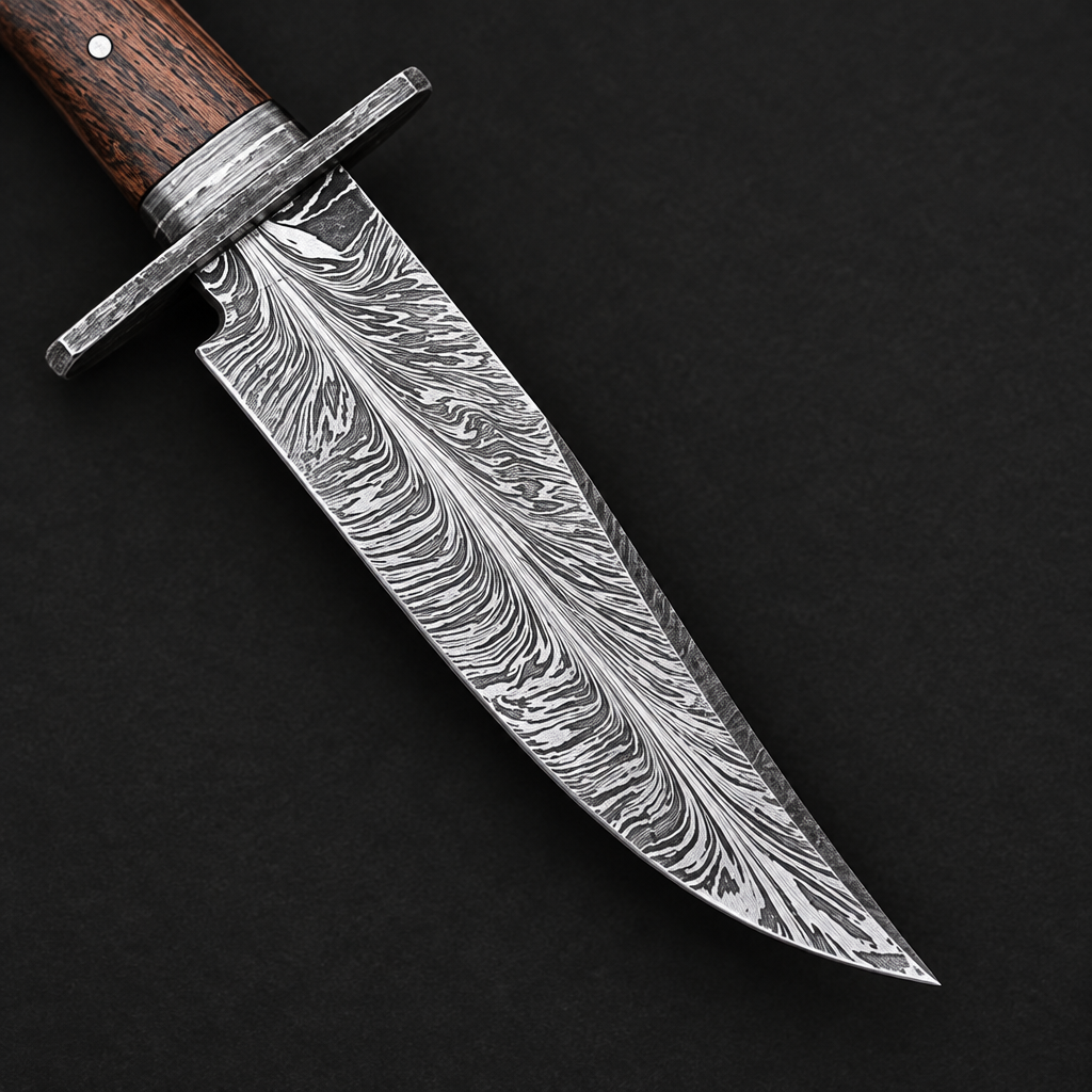 Close view of flowing Damascus blade pattern on hunting knife