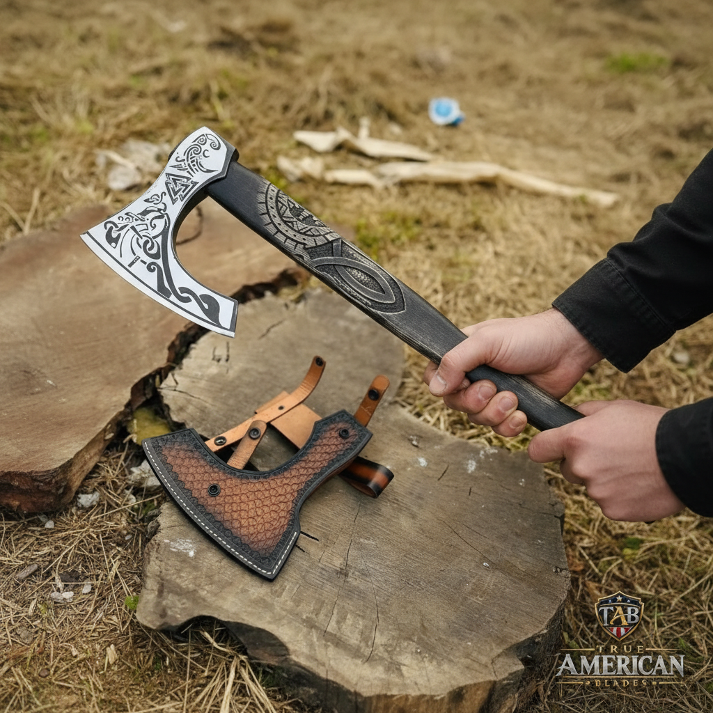 Hands holding a black engraved Viking-inspired axe with its matching brown sheath nearby outdoors